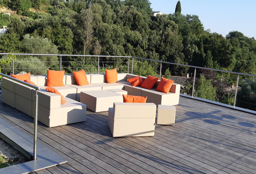 Sun pack canapé extérieur | 2 Fauteuils d'angle 80x80x40cms + 4 Fauteuils 80x80x40cms+ 1 pouf 40x40x40cms +1 pouf 80x80x40cms + 1 Housse de protection