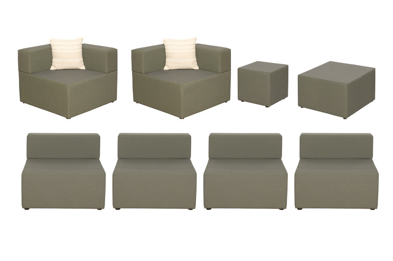 Sun pack canapé extérieur COZIP | 2 Fauteuils d'angle 80x80x40cms + 4 Fauteuils 80x80x40cms+ 1 pouf 40x40x40cms +1 pouf 80x80x40cms + 1 Housse de protection